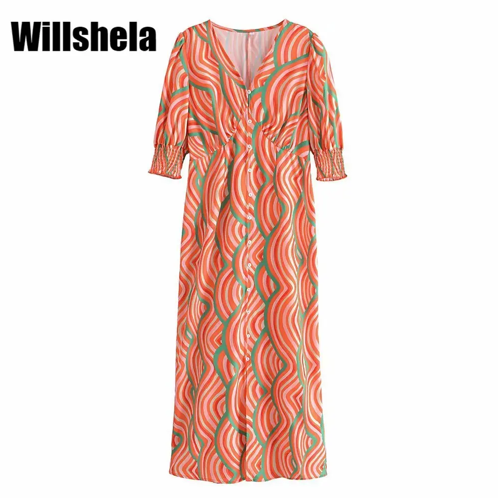 

Willshela Women Fashion Printed Single Breasted Midi Dress Vintage V-Neck Short Lantern Sleeve Female Dresses