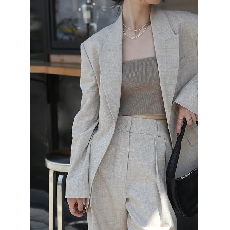 Женский костюм из овсянки от Haute Couture серый оверсайз-блейзер для офиса осенняя