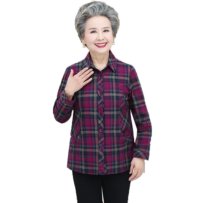 

Plaid Blouses Shirts Basic Women Casual Shirt Top Middle-Aged And Elderly Mom 2020 New Loose Spring Autumn Thin Shirts Coat 5XL