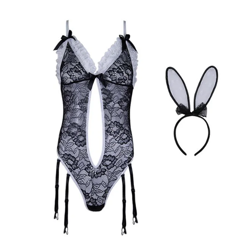 Сексуальные костюмы для взрослых черные товары боди с повязкой волос и хвостом
