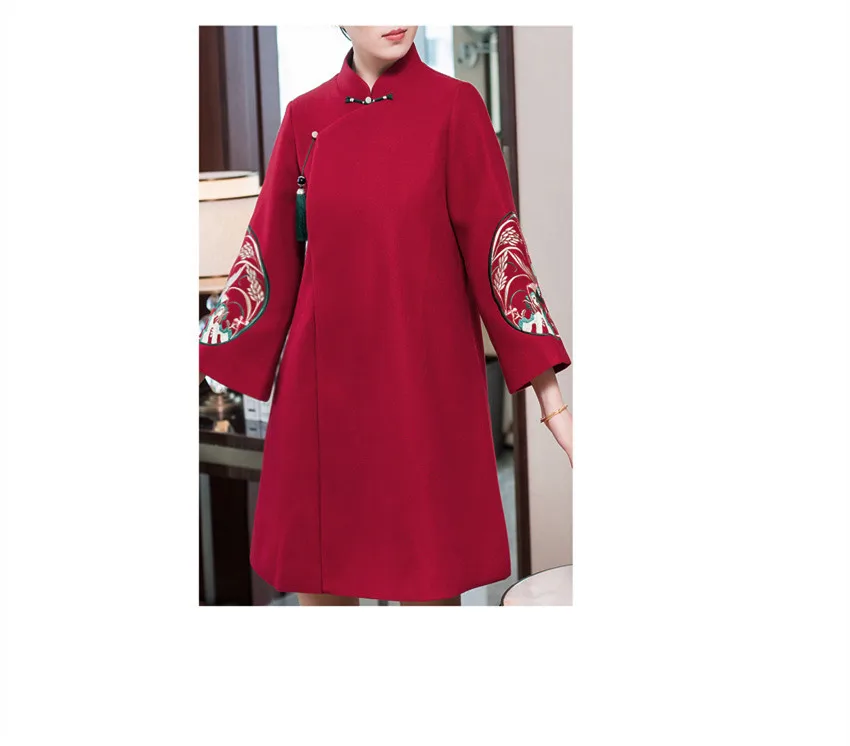 

Женская шерстяная куртка с вышивкой, Длинная шерстяная куртка оригинального дизайна в китайском стиле с хлопковой подкладкой, Осень-зима