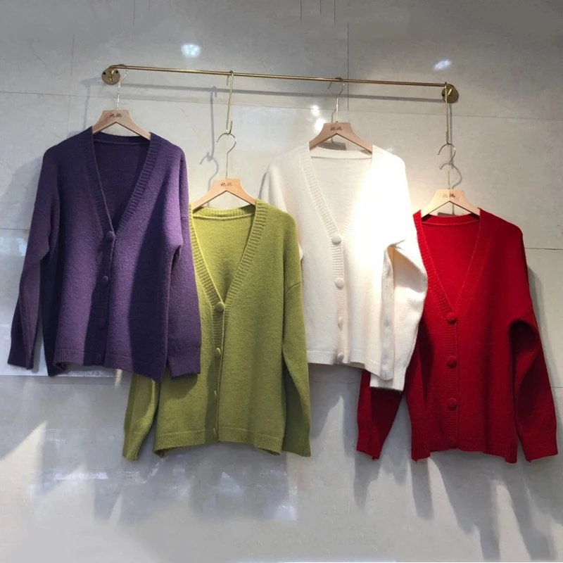 

Spring Women Soft Loose Pullovers Korean V Neck Knitted Cardigan Sweater Single Breasted Casual Stylish Cardigan Jacket 4 Colors