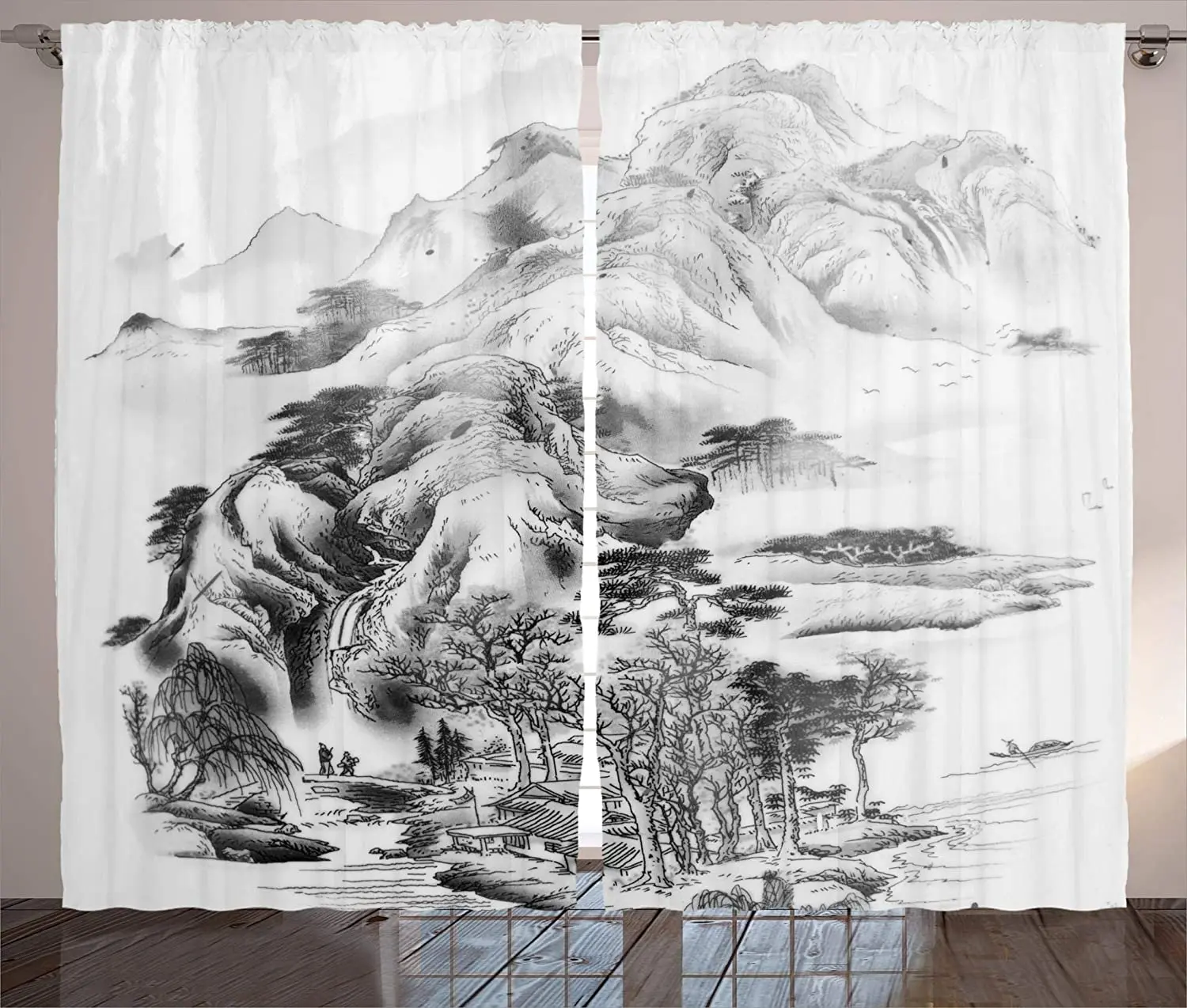 

Asian Curtains by Ambesonne Chinese Painting Style Mountain Range View Trees Majestic Nature Sketchy Illustration Window Drapes