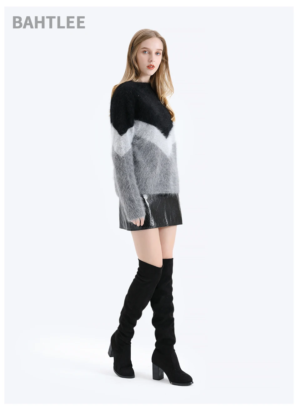 BAHTLEE Women Angora V-neck Pullovers Sweater Autumn Winter Wool Knitted Geometric Designs Jumper Long Sleeves Loose style