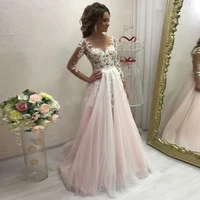 elegant sheer neck a line pink wedding dresses lace applique tulle long sleeve bridal gowns buttons back custom made