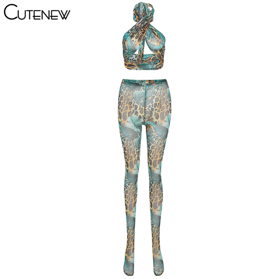 

Cutenew Pattern Print Two Piece Sets Women Outfits Aesthetic Bandage Halter Criss Cross Neck Tops+Skinny Stretch Pants Lady Suit