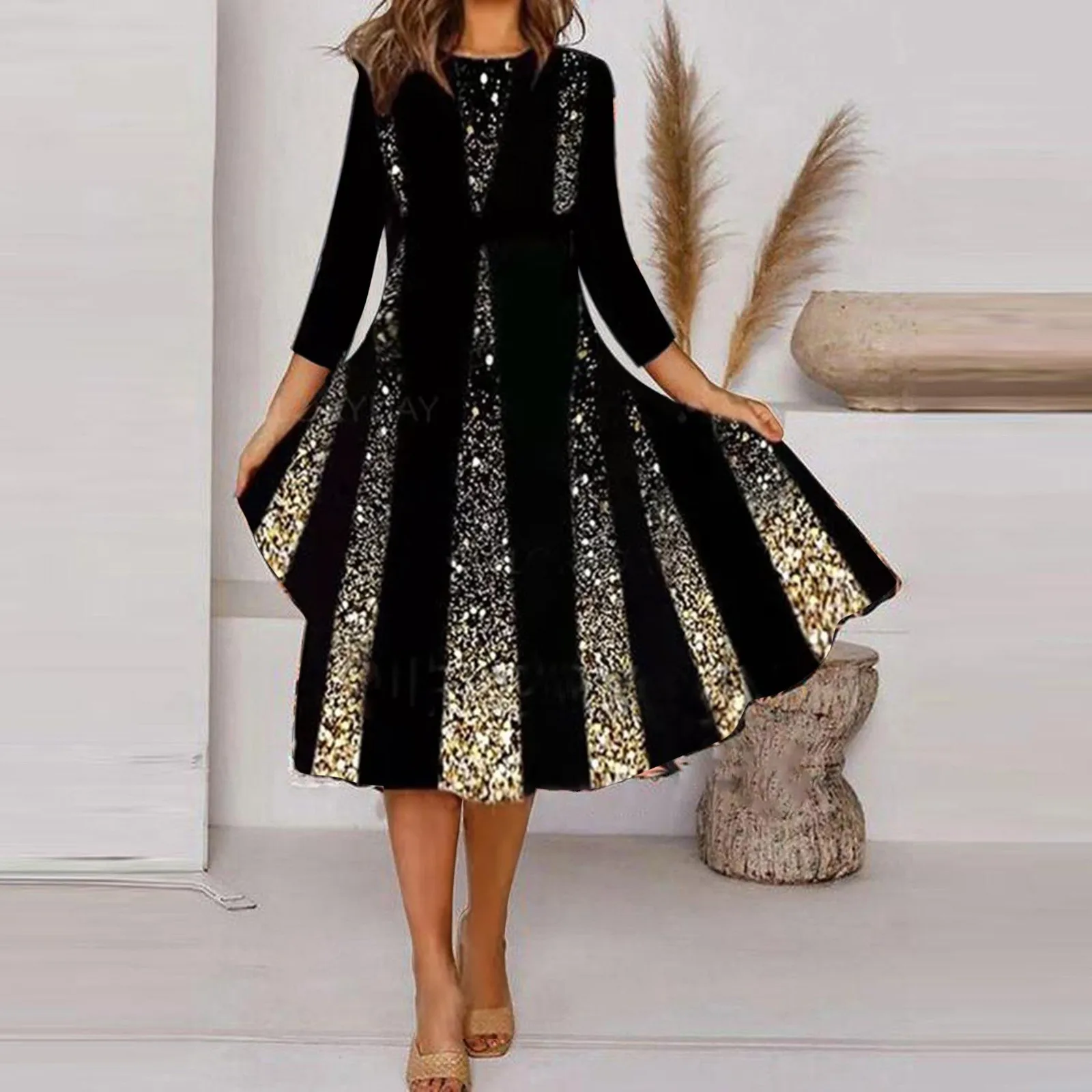 

Women Elegant Leisure Positioning Prints Dress Round Neck Long Sleeve Dress Fashion Female Print Dresses Evening Party Dress