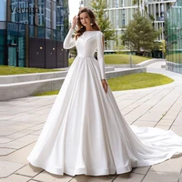 verngo a line ivory satin wedding dress long sleeve elegant bride gowns buttons cathedral train bridal dress 2021