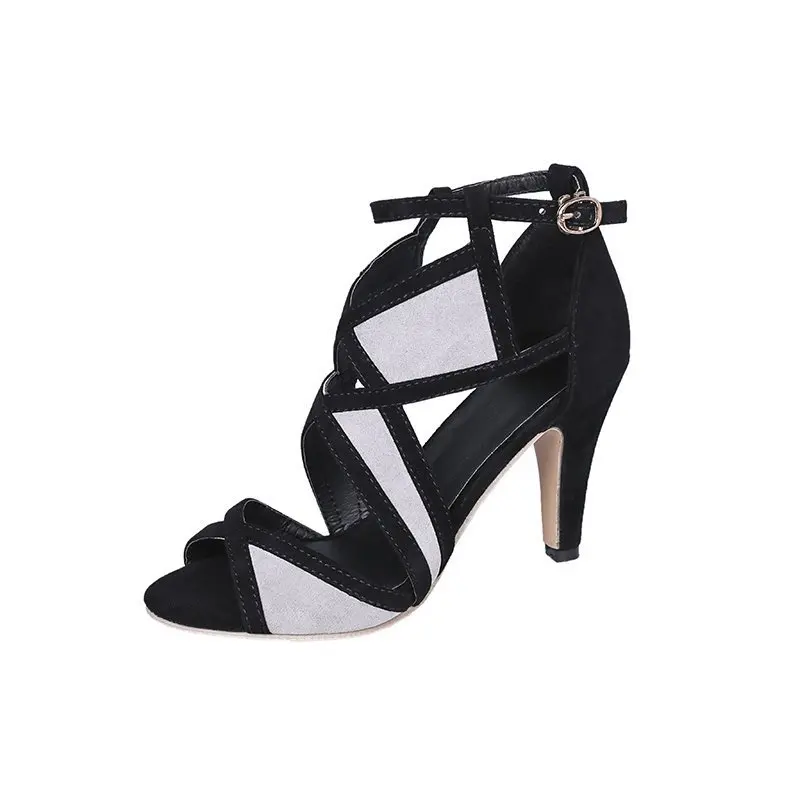 

Fashion Womens Shoes 2021 High Heel Sandals Open Toe Suit Female Beige Large Size Luxury Low High-heeled Peep Elastic Band Blac