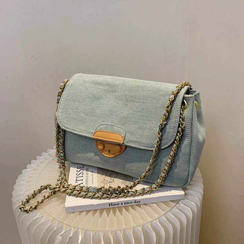 

Retro Big Denim Canvas Crossbody Bags for Women 2021 Trend Chain High Capacity Lock Shoulder Handbag Luxury Branded Purse