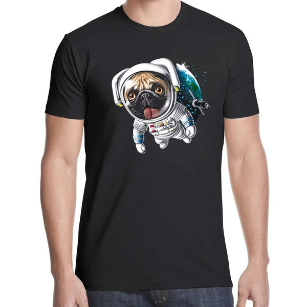 

Space Pug Oddity Funny Puppy in Space Black T-shirt Mens Round Cotton Short Sleeves Fashion Tee Shirts
