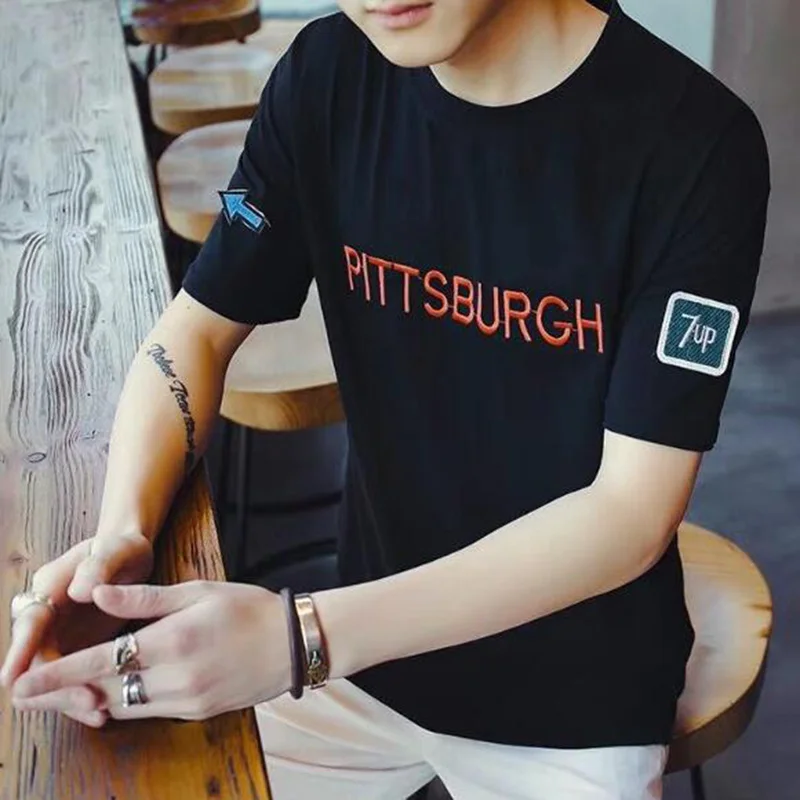 Korean Style T Shirt For Men 2020 Short Sleeve Silm Man Tshirt Casual Letter Embroidery Tee Tops M-3XL | Мужская одежда