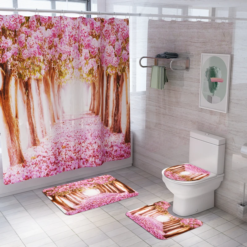 4pcs set A 4 шт. водонепроницаемый Душ шторы наборы с ковриком цветы дерево Пейзаж ванная комната шторы с туалетной крышкой коврик для ванной экран DW092 - Цвет: 4pcs set A