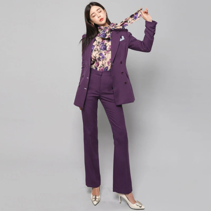 Elegant Double-breasted Purple Women Pant Suit Slim Blazer Set Female Workwear Trouser 2020 Autumn sweatsuit | Женская одежда