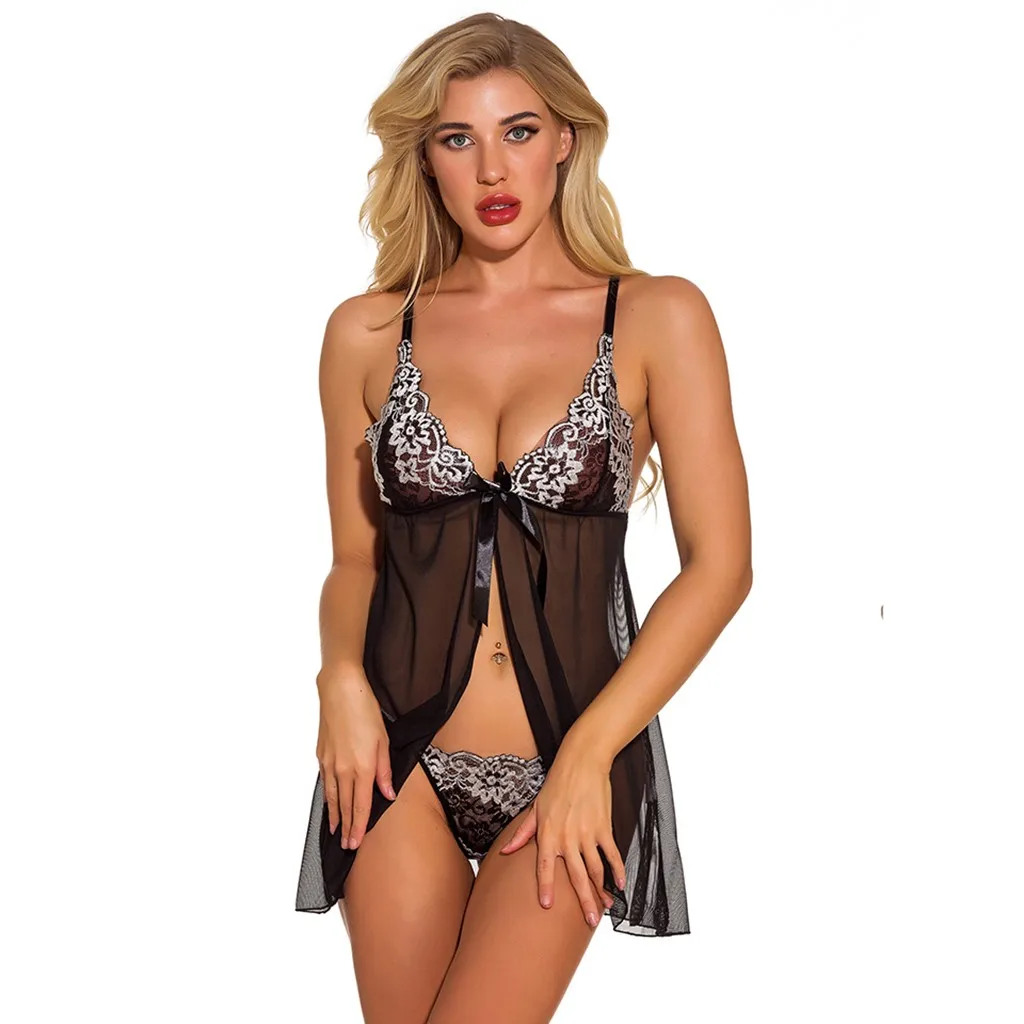 

Erotic Costumes Sexy Lingerie Women Flower Lace Transparent Sexy Underwear Set G-string Porno Sleepwear Nightdress Hot Babydoll