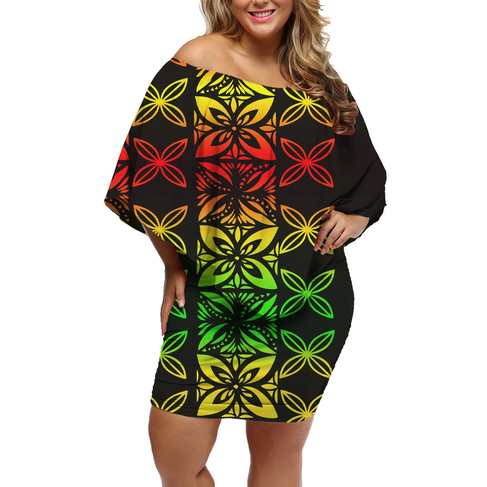 

Wholesale Polynesian Tribal Samoa Design Women Dresses Ruffle Off Shoulder Party Sexy Women Slash Sleeve Short Sexy Ruffle Dress