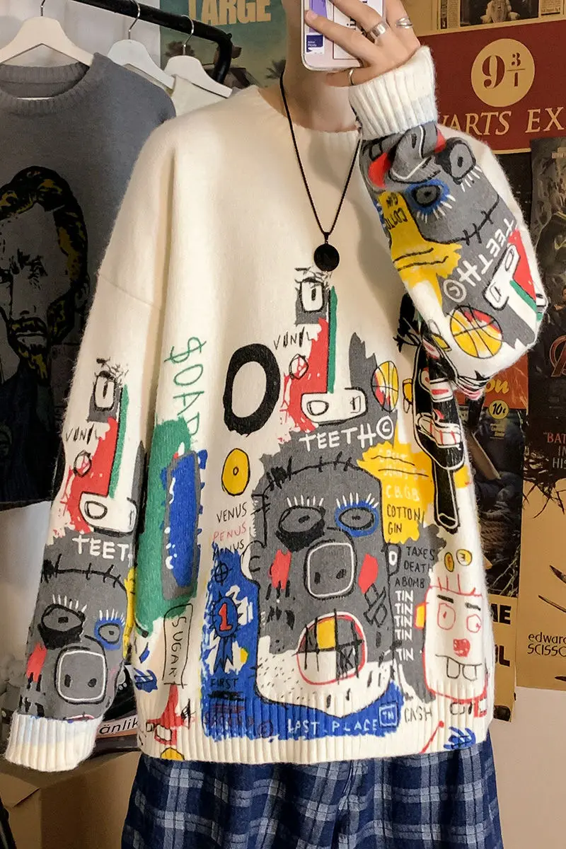 

Winter Sweater Men's Loose Thicken Warm Contrast O-neck Hip-hop Colorful Hand-painted Style Pullover Casual Long-sleeved Sweater