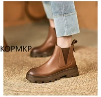2021 chunky ankle boots women genuine leather round toe chelsea boots platform brown slip on booties ladies winter shoes female