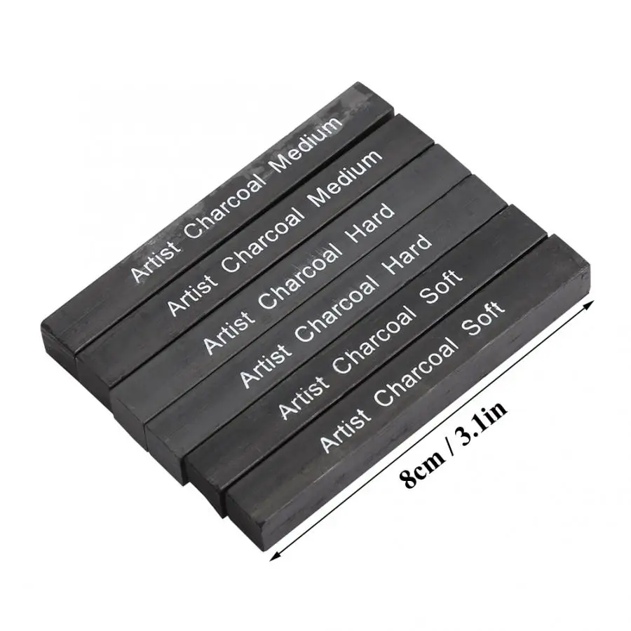 6Pcs Compressed Charcoal Sticks Black Soft/Medium/Hard Graphite Drawing Pencil Art Supplies |