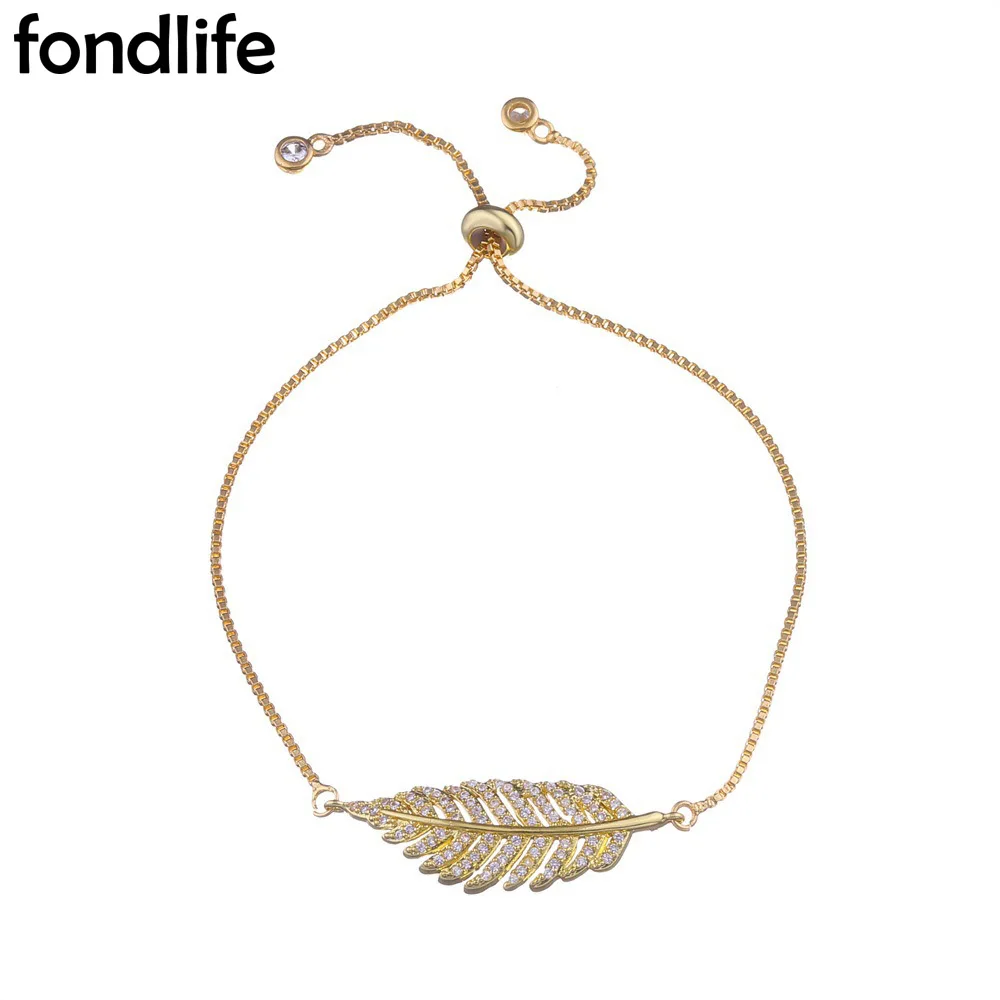 Женский браслет с листьями и кристаллами из розового золота фианитом | Украшения