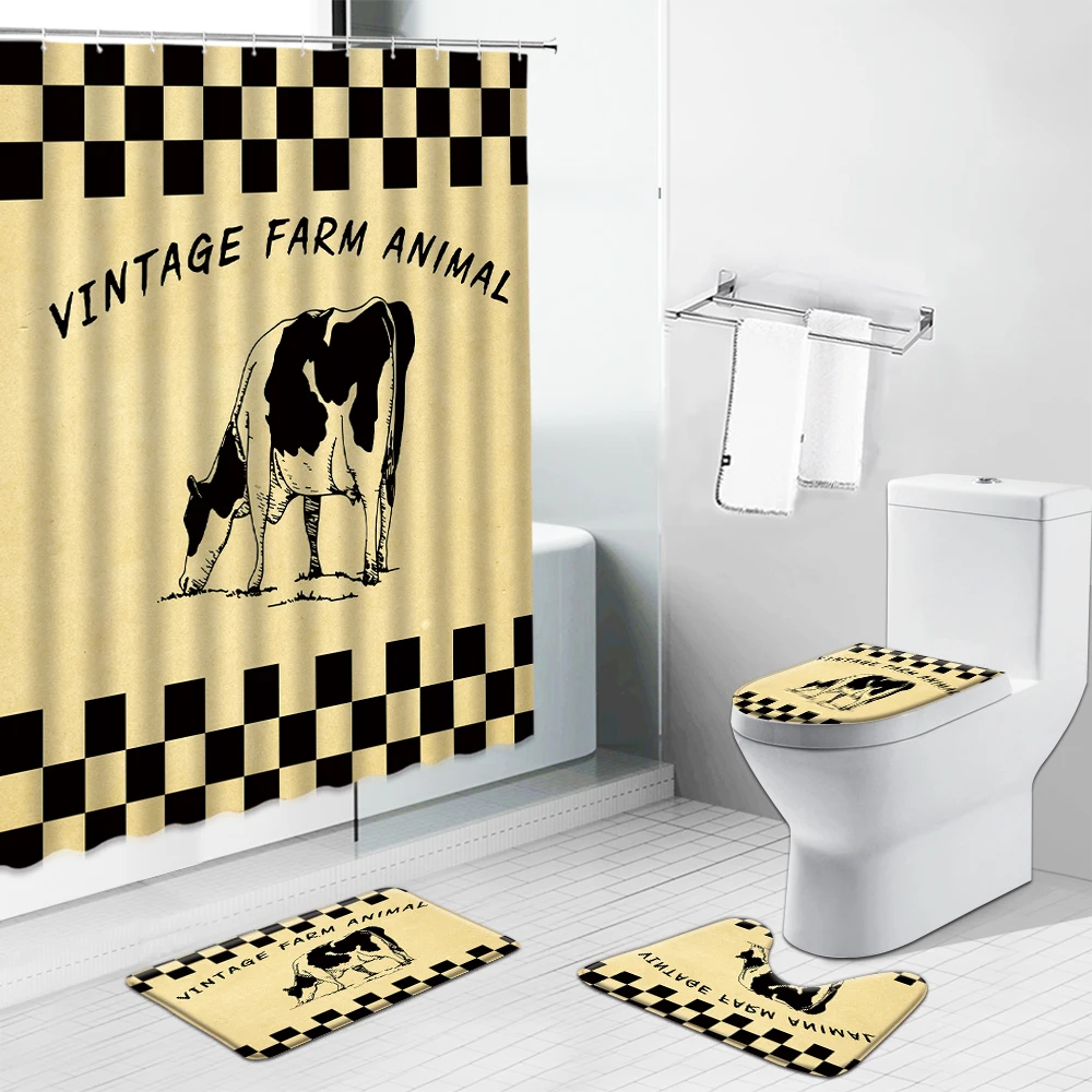 

Farm Animal Cows Shower Curtains Creativity Cartoon Non-Slip Kitchen Carpet Toilet Cover Rug Bath Mat Bathroom Decor Curtain Set