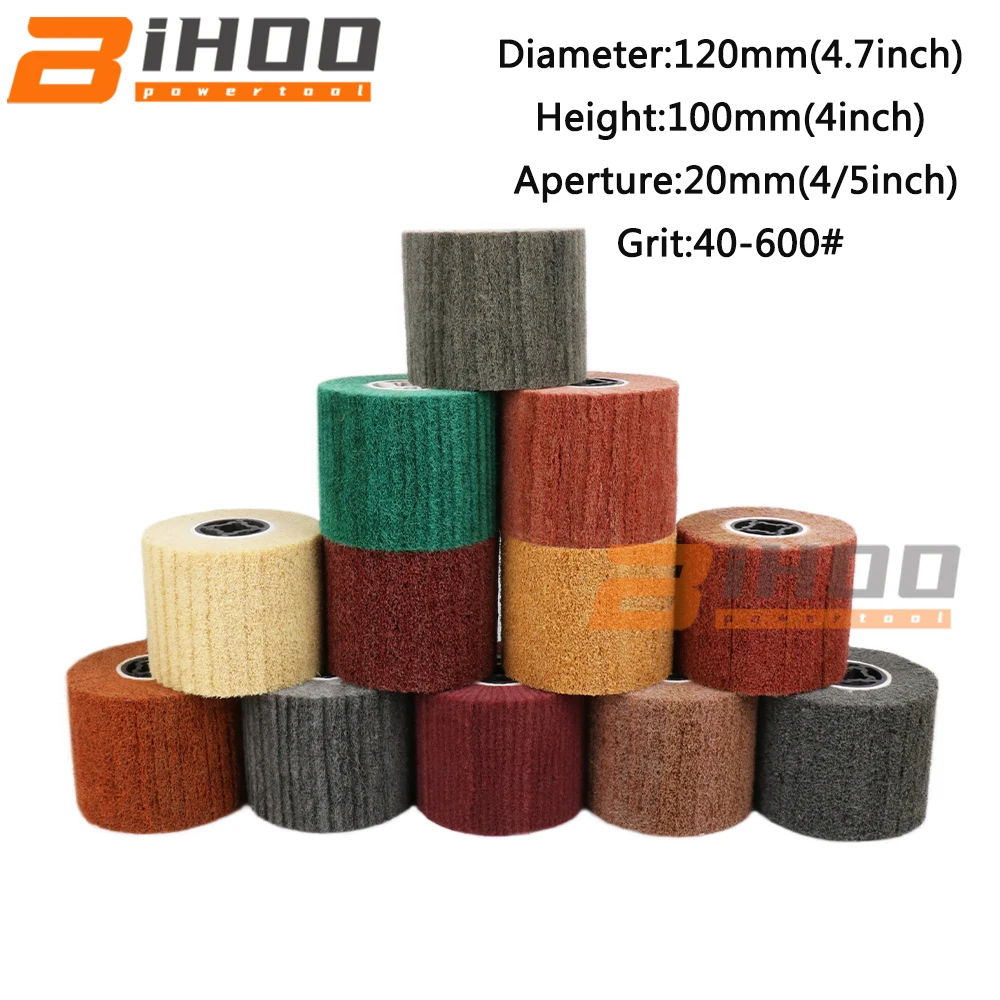 Шлифовальный барабан из нетканого нейлона с сатиновой отделкой для полировки и снятия фаски с нержавеющей стали 40-600Grit размером 120x100x20 мм.