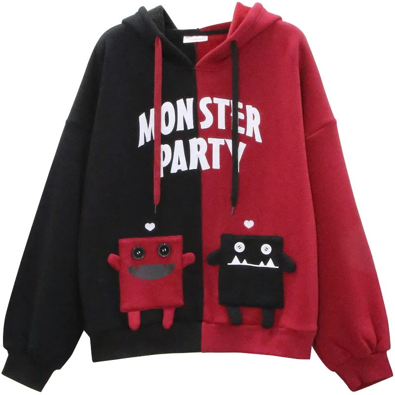 

[monster Party] Color Match Stitching Women Sweatshirt Spring Plus Velvet Sweatshirt Female New Monster Pocket Sweatshirt Mujer