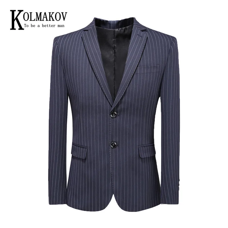 

KOLMAKOV Men's Blazer Business Suit With Striped Two-button Buttons Oversize Slim Slimming Coat Male Size M-5XL