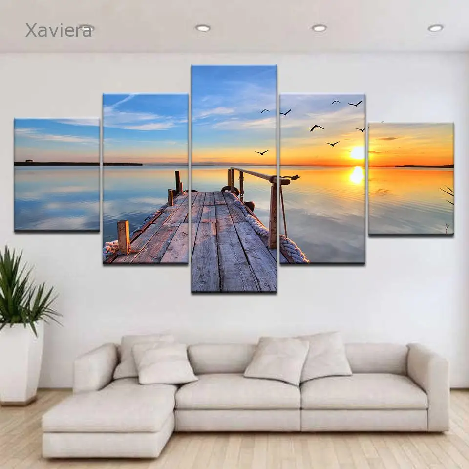 

Five-Piece Hd Living Room Decoration Wall Art Poster Seagull Sea View Wooden Bridge Canvas Painting Modular Picture Frameless