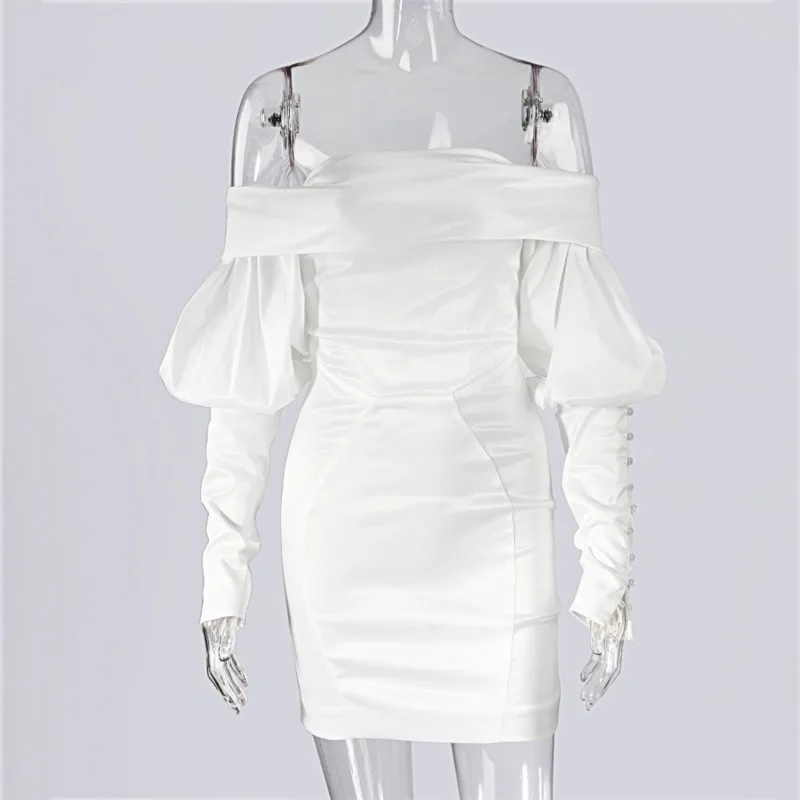 

Mozision One Shoulder Puff-sleeve Dress For Women Solid Ruched Zipper Dresses Ladies Sexy Partywear Elegant Vestidos Lady