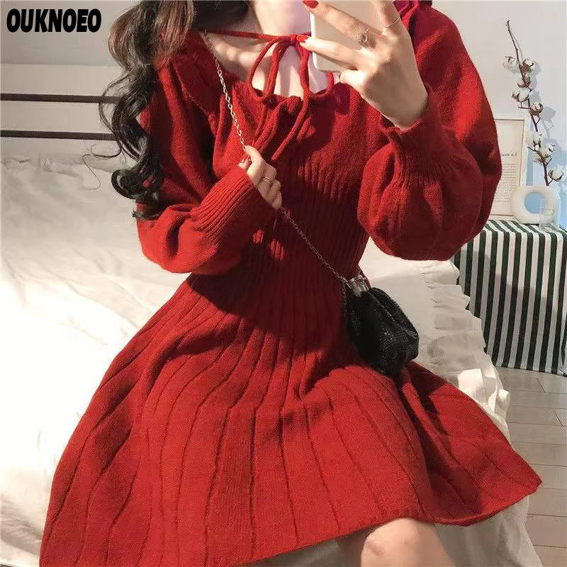 

Women's Dress Long Sleeve Knit French Retro Korean Sytle Skirt Red Wine Color Dress 2021 Autumn Low-cut sexy Woman Dress