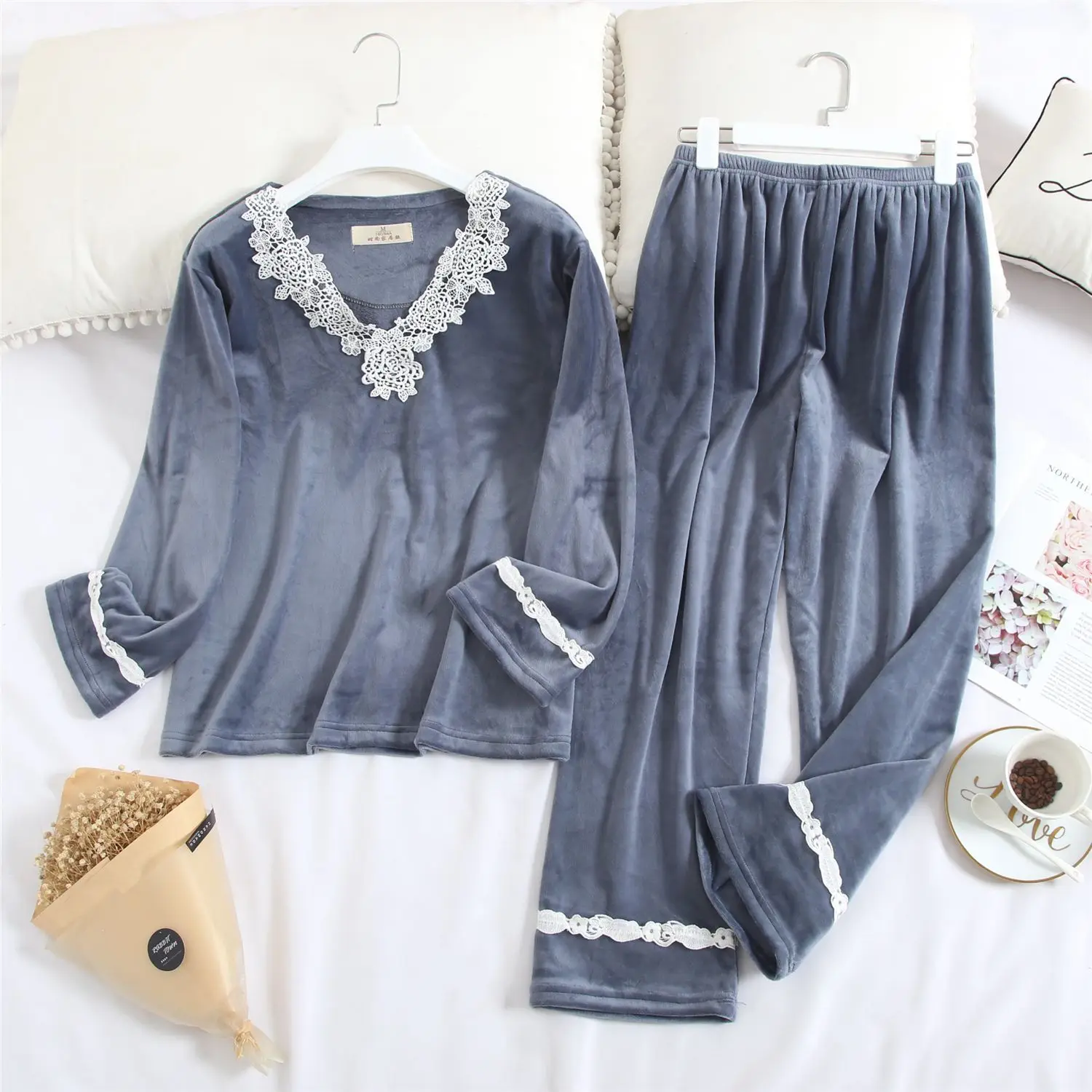 Женский бархатный пижамный комплект теплые зимние комплекты из 2 предметов