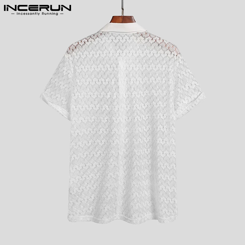 Men Mesh Shirt Lace Lapel Short Sleeve Streetwear See Through Casual Tops Sexy Party Nightclub Shirts 2022 Camisas 5XL INCERUN