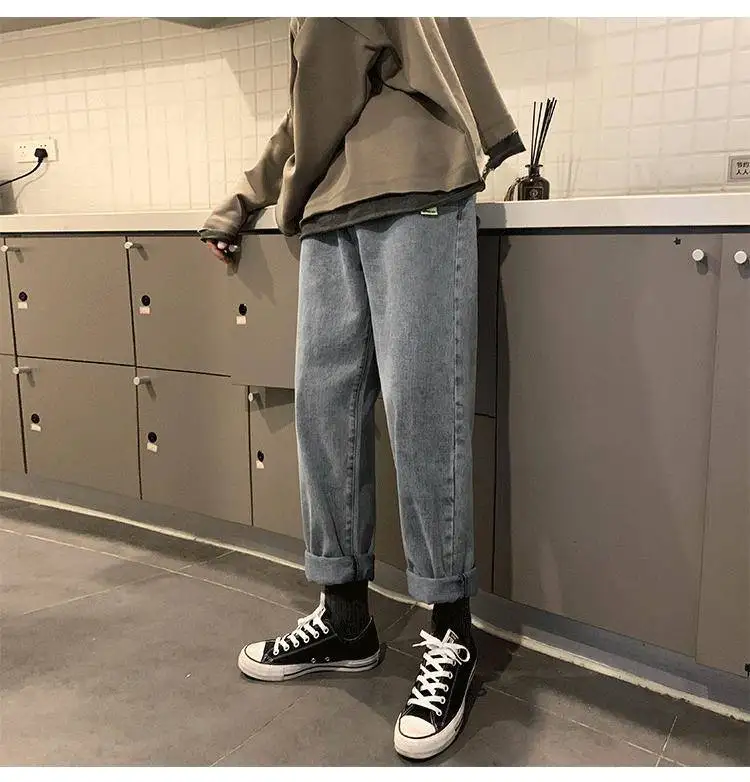 

Ins hop New Korean Bag Jogging Street Sports Mens Jeans For Hombre Men's Blue Nine Pants Casual Cotton Soft Large Size Jeans Men