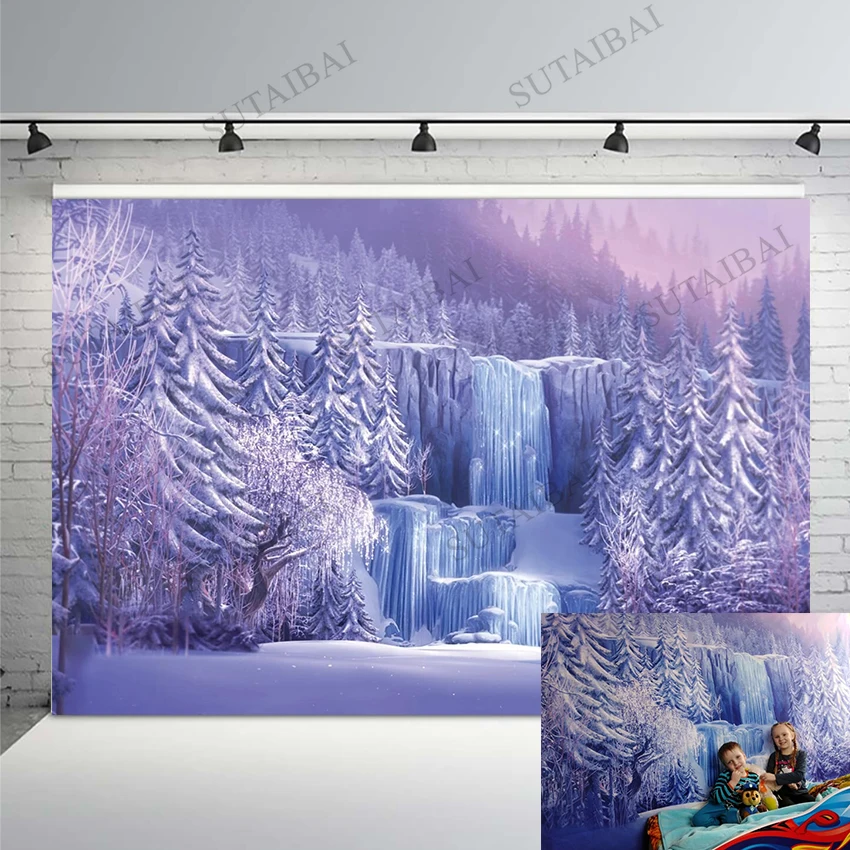 

Frozen Backdrop Winter Waterfall Freeze Photography Backdrops Forest Trees Icefall Princess Girl Birthday Party Photo Background
