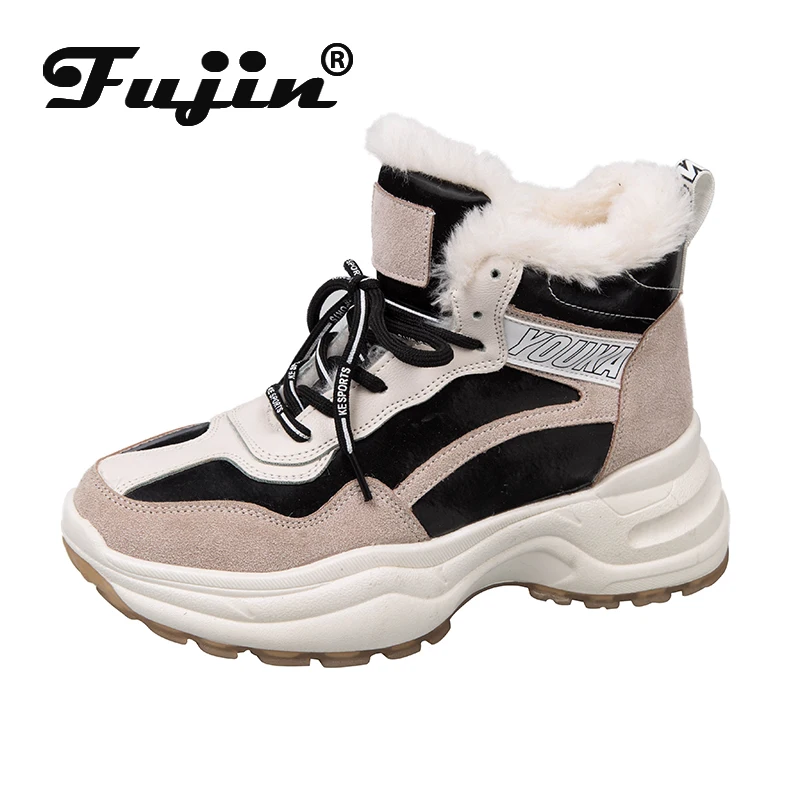 Женские кроссовки на толстой подошве Fujin зимние теплые плисовые с круглым носком