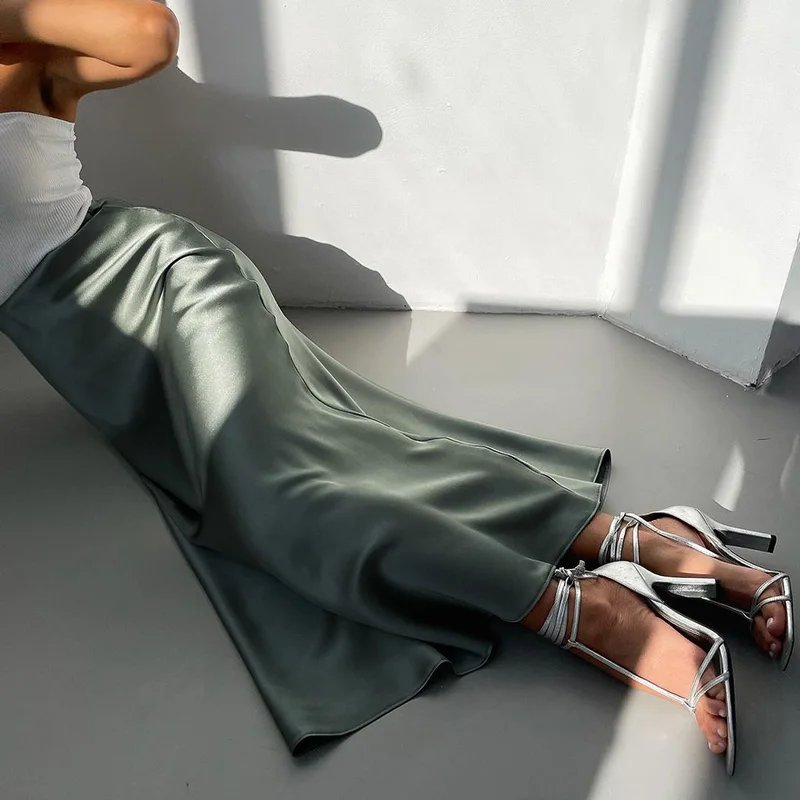 

Cryptographic Fashion Silky Satin Elegant High Waisted Midi Skirts for Women Clubwear Party Straight Skirts Bottom Clothes