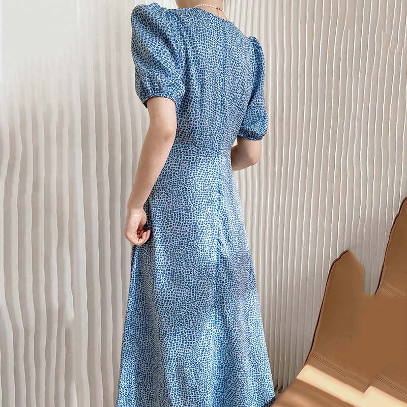 

2021 Floral Dress Women New Summer Fashion High V-Neck Casual Quality Mid-Length Ladies Puff Sleeve Female Hedging Loose