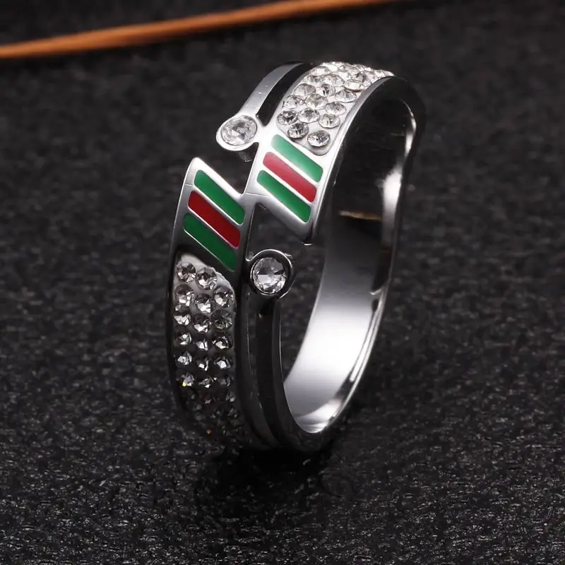 

Brand Red Green Charm Crystal Rings Stainless Steel Round Titanium Wide Ring For Women Men Party Wedding Jewelry