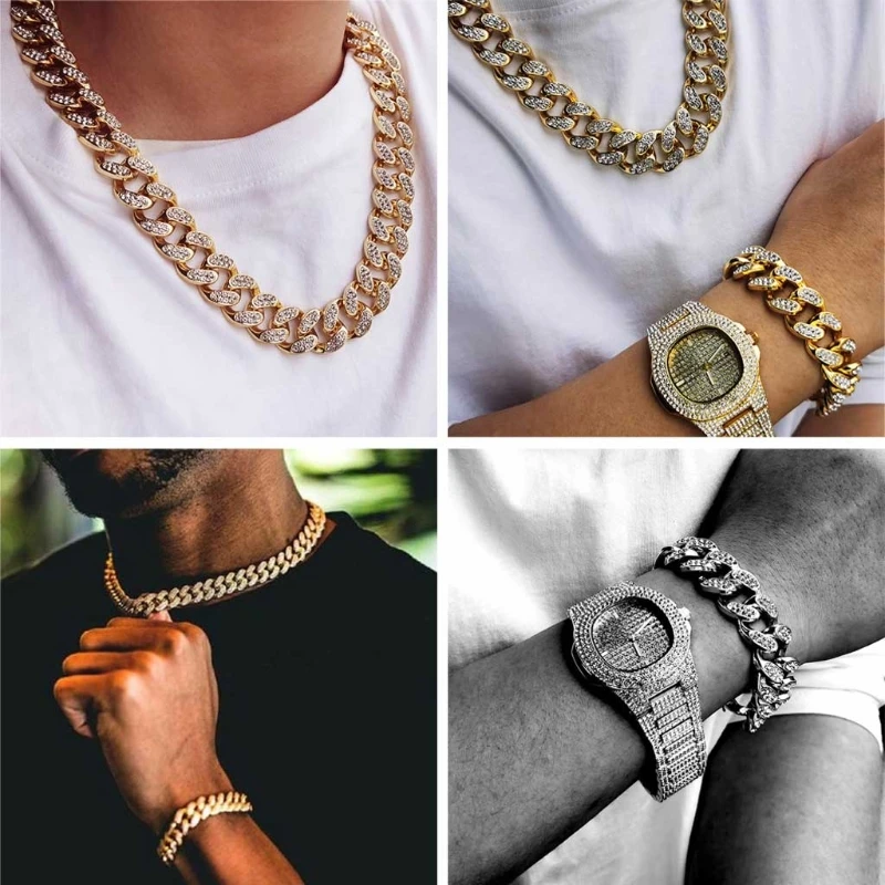 

3Pcs Luxury Cool Mens Numeral Watch Kit Crystal Pave Miami Cuban Bracelet Necklace Kit Rappers Men Rock Roll Jewelry Set