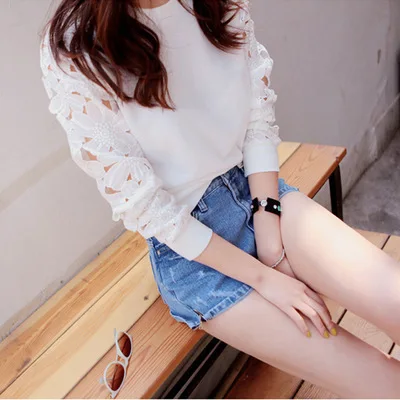 

2020 Women's Flower Lace Patchworked Hollow out Long-sleeved Sweatershirts Hooded Sweet Tops