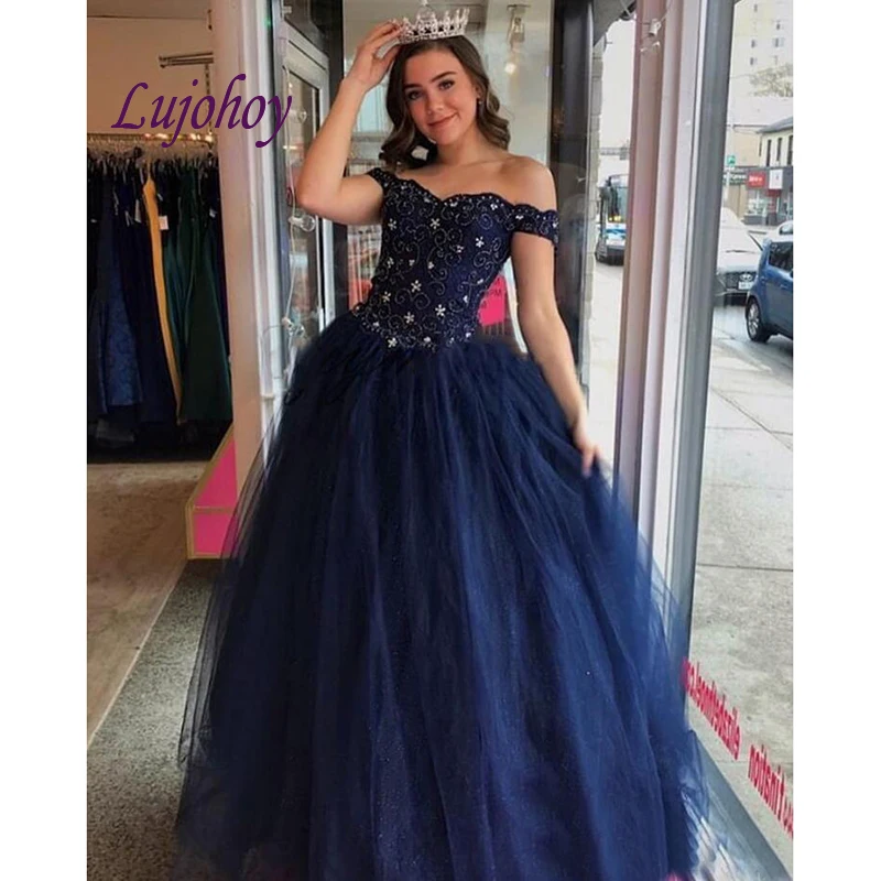 Темно-синее роскошное бальное платье Quinceanera женское Пышное Платье с кристаллами