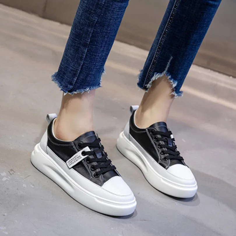 

New Plus Size Spring Female Little-white-Shoes Casual Cross-tied Thick-bottom Flats Shallow Genuine Leather Student Women Shoes