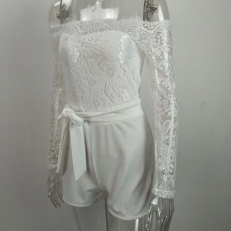 

Women Sexy Solid Color Off Shoulder Long Lace Sleeve Straps Jumpsuit