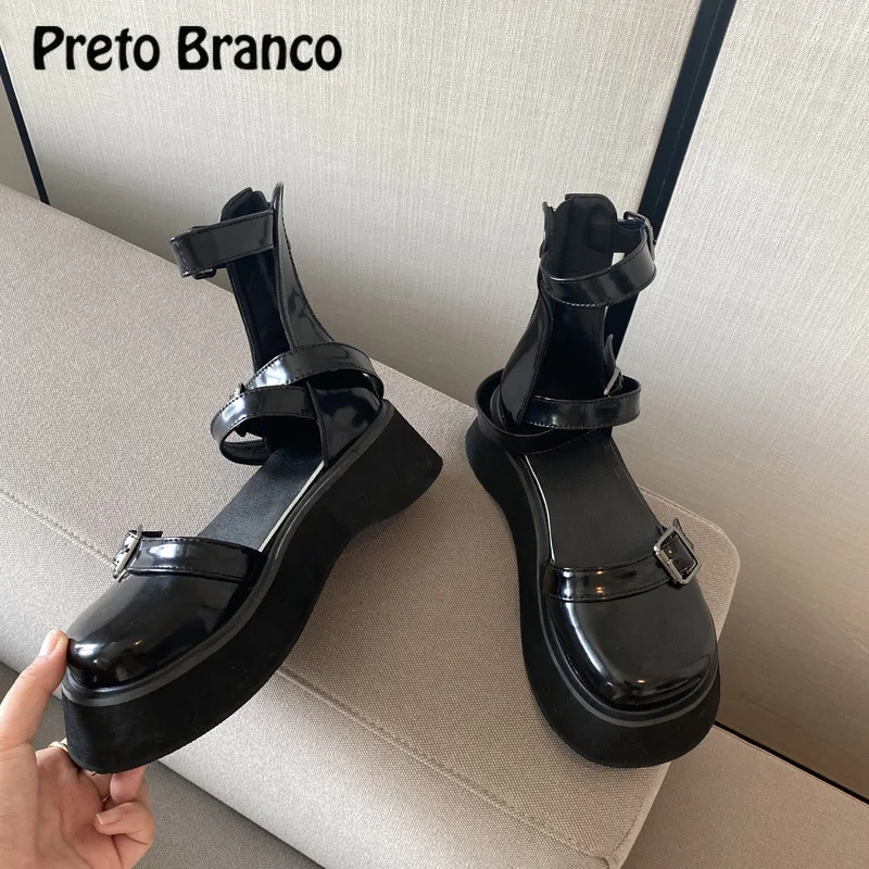 

PRETO BRANCO 2021 College Style Women's Shoes Comfortable Patent Leather round Toe Wedge High Heels Single Shoes JXQ