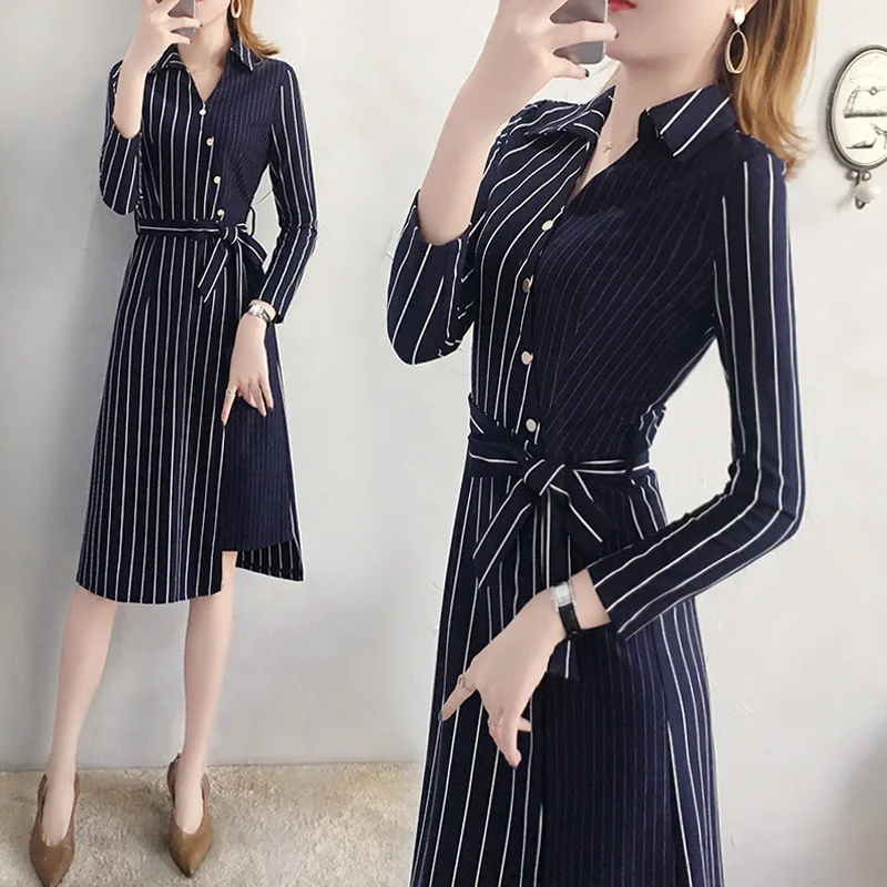 

2019 Office Ladies Striped Sashes Dress Women Turn-Down Collar Beach Shirt Dress Casual New Fashion Women Elegant Dress