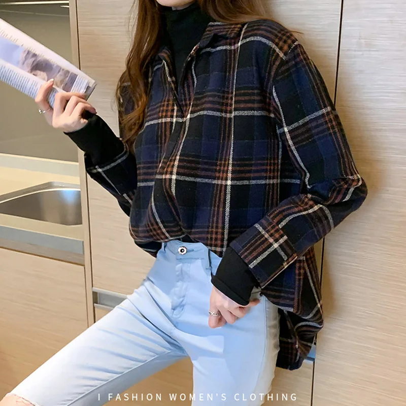 

2021 Spring Autumn Plaid Shirt Women Long Sleeve Top New Elegant Blouses Casual High Quality Button Up Goth Shirt Warm Female