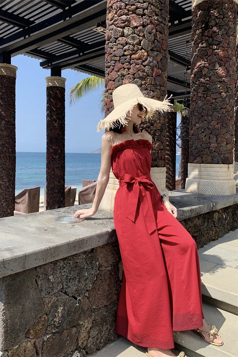 

2021 New Red Off Shoulder High Waist Jumpsuit Seaside Resort Wide Leg Pants for Women