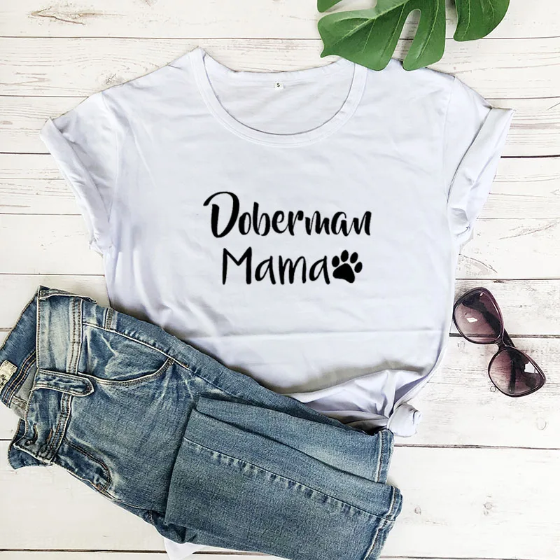 white-black text Doberman Mama с принтом лапы, Новое поступление, Женская забавная Повседневная футболка из хлопка, футболка для мамы и собаки, футболки для любимого питомца, подарок для любимой собаки - Цвет: white-black text