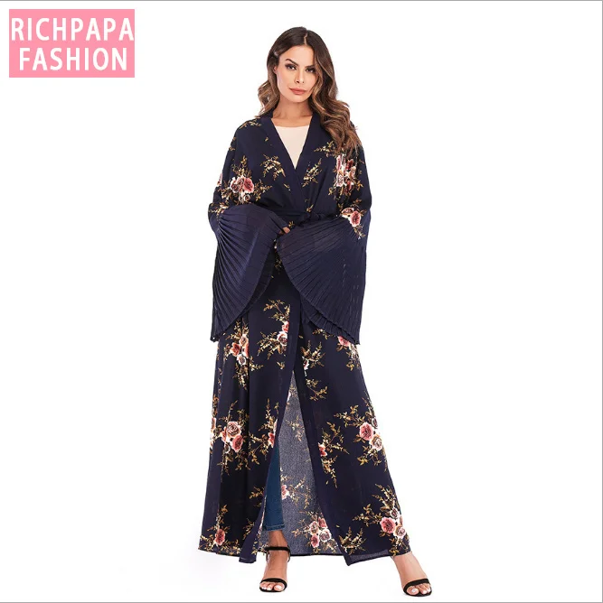 Макси Платье с расклешенным рукавом принт в мусульманском стиле кардиган